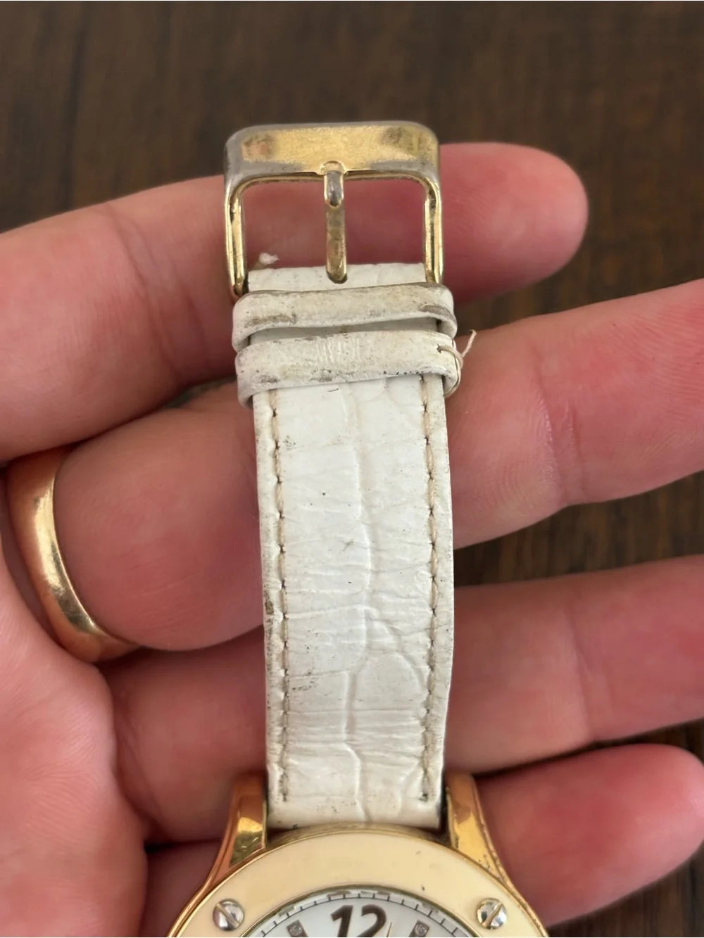 Anne Klein Gold and White Leather Strap Crystal Accent Watch